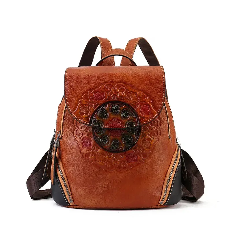 2024 New High-End Feeling Niche Student Backpack Artistic National Style Double Shoulder Bag Genuine Leather For Men And Women