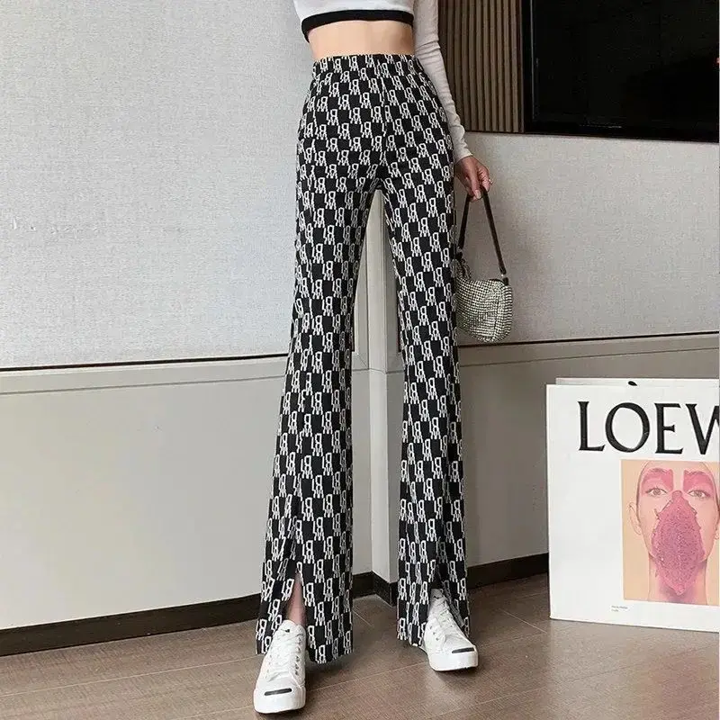 High Waist Slit Casual Pants Women's Ice Silk Wide Leg Pants Slimming Drapey Trendy Spring Summer Long Pants