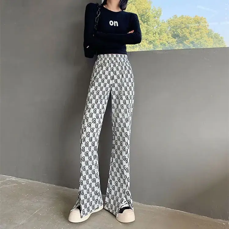 High Waist Slit Casual Pants Women's Ice Silk Wide Leg Pants Slimming Drapey Trendy Spring Summer Long Pants