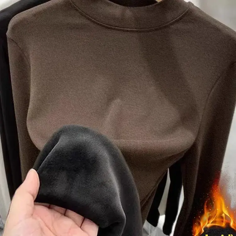 Thickened Fleece Women's Base Shirt Short Sleeve Long Sleeve Half High Collar T-Shirt Warm Top Self-Heating Loose Fit Polyester