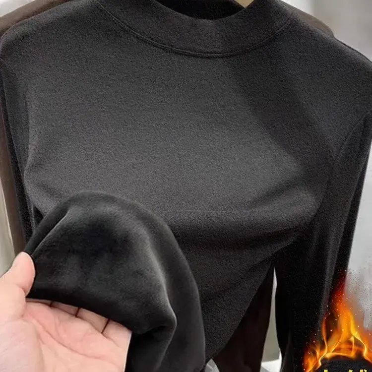 Thickened Fleece Women's Base Shirt Short Sleeve Long Sleeve Half High Collar T-Shirt Warm Top Self-Heating Loose Fit Polyester