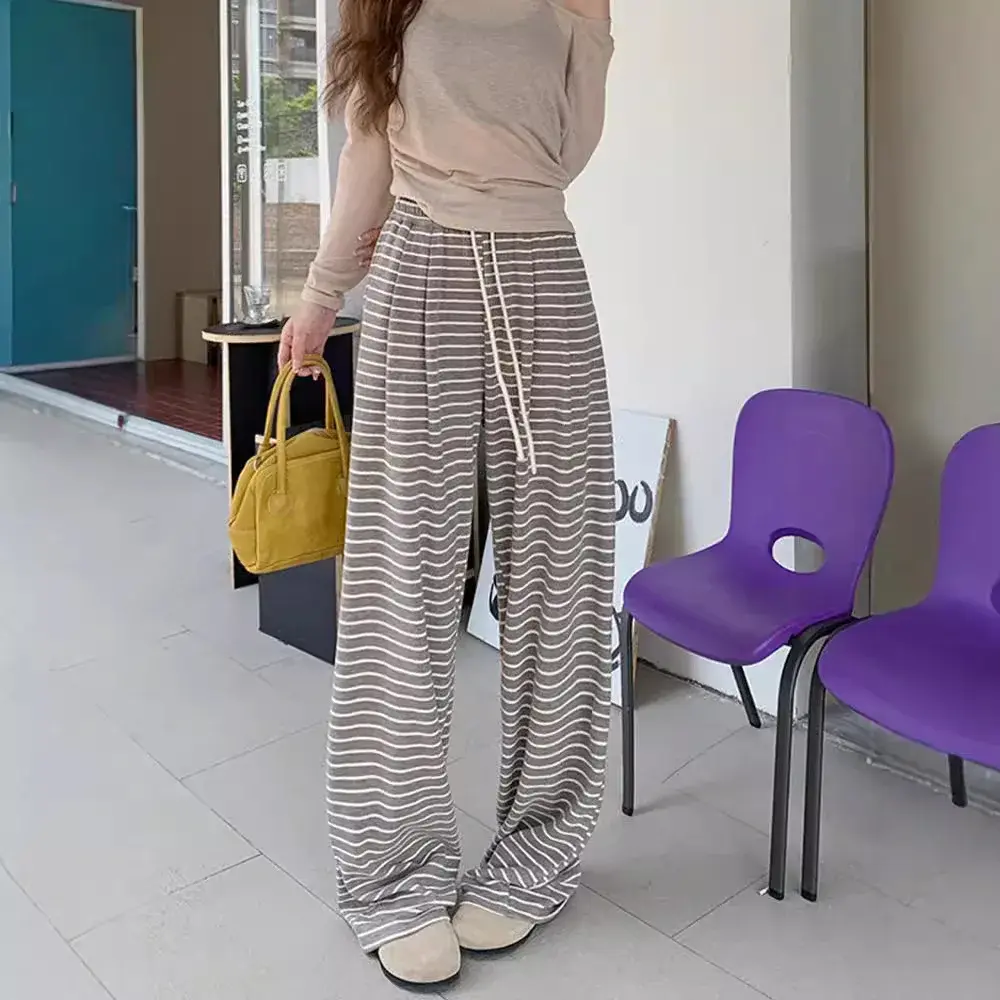 Women's Casual Drawstring Straight Leg Floor-Length Walking Pants Autumn Loose Elastic Waist Slimming Wide Leg Trousers