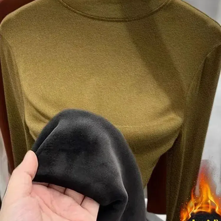 Thickened Fleece Women's Base Shirt Short Sleeve Long Sleeve Half High Collar T-Shirt Warm Top Self-Heating Loose Fit Polyester