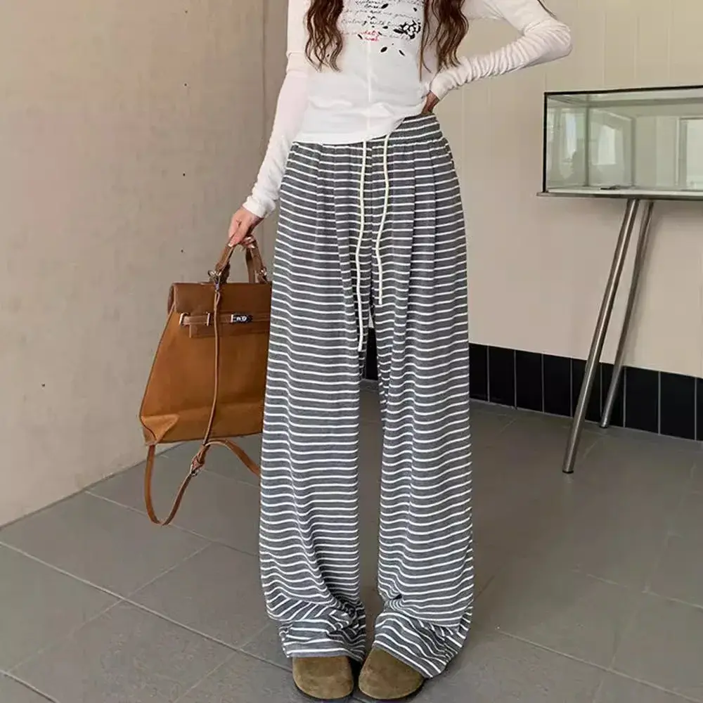 Women's Casual Drawstring Straight Leg Floor-Length Walking Pants Autumn Loose Elastic Waist Slimming Wide Leg Trousers