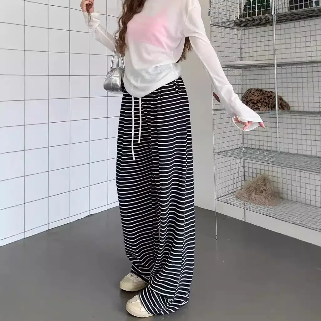 Women's Casual Drawstring Straight Leg Floor-Length Walking Pants Autumn Loose Elastic Waist Slimming Wide Leg Trousers