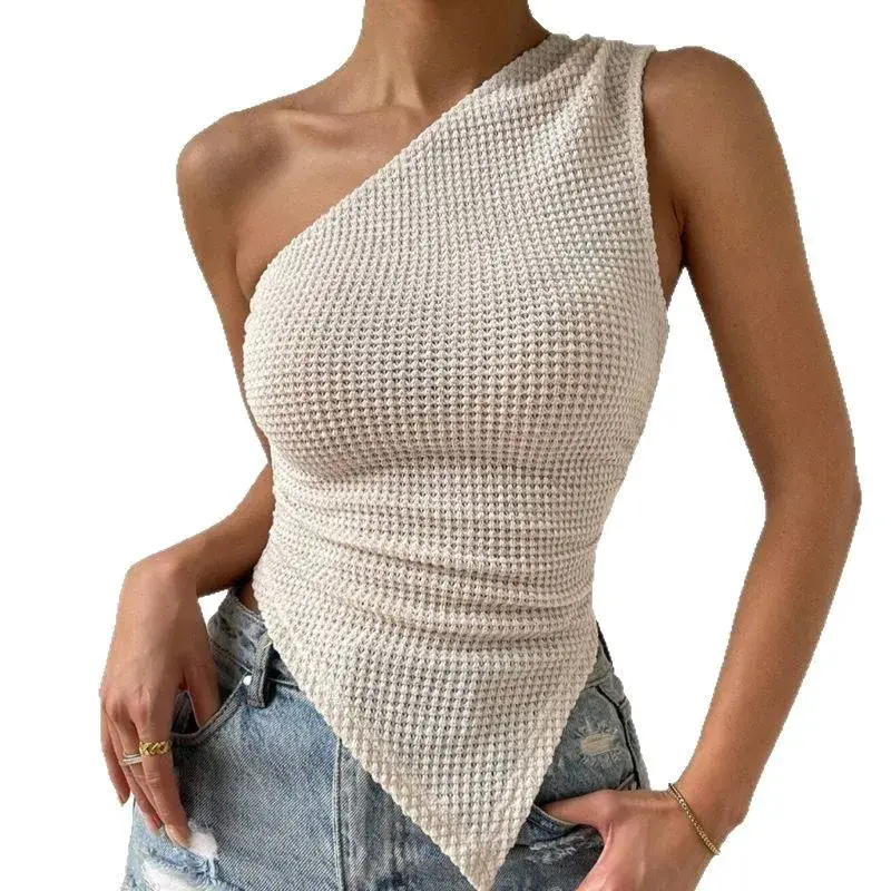 Asymmetric Hemline Sleeveless Knitted Top New Spring Summer Shoulder Bag T-Shirt Vest Cross-Border Fashion Women's Wear