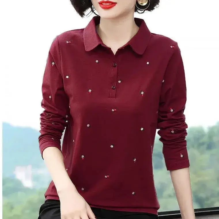 Loose Long Sleeve Polo Shirt Women's T-shirt plus Size Mommy Style Spring New Slimming Base Layer Top Quality Mixed Fabric