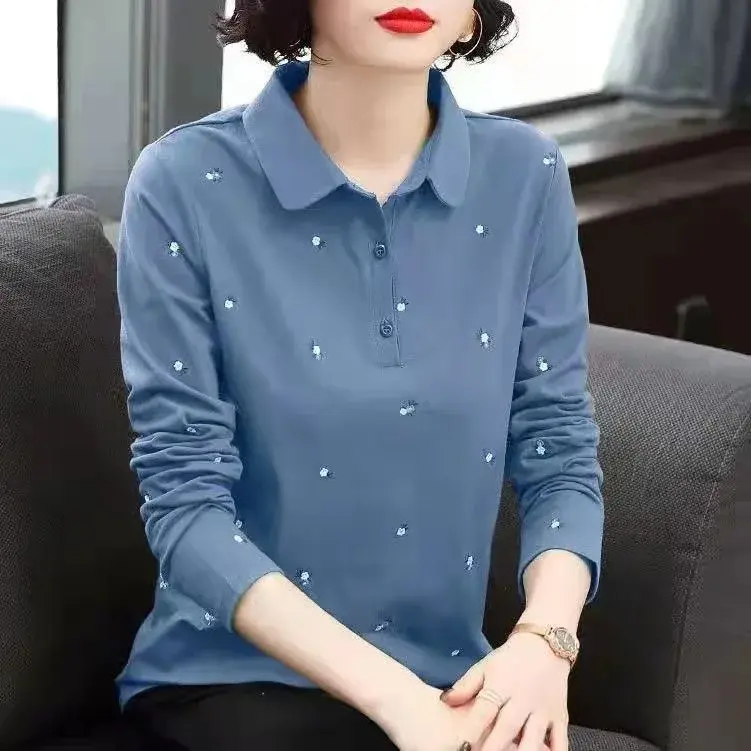 Loose Long Sleeve Polo Shirt Women's T-shirt plus Size Mommy Style Spring New Slimming Base Layer Top Quality Mixed Fabric