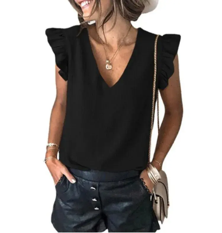 Summer New Women's Casual T-shirt Pure Color V-neck Overhead Lace-sleeve Top Female Fashionable Sleeveless Regular Length