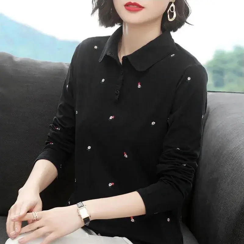 Loose Long Sleeve Polo Shirt Women's T-shirt plus Size Mommy Style Spring New Slimming Base Layer Top Quality Mixed Fabric
