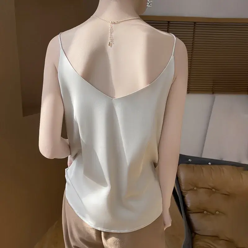 Silk Satin Strapless Vest Top Women's Summer New V-neck Single Shoulder Design Sensation Sleeveless Inner Wear Small Tank Top