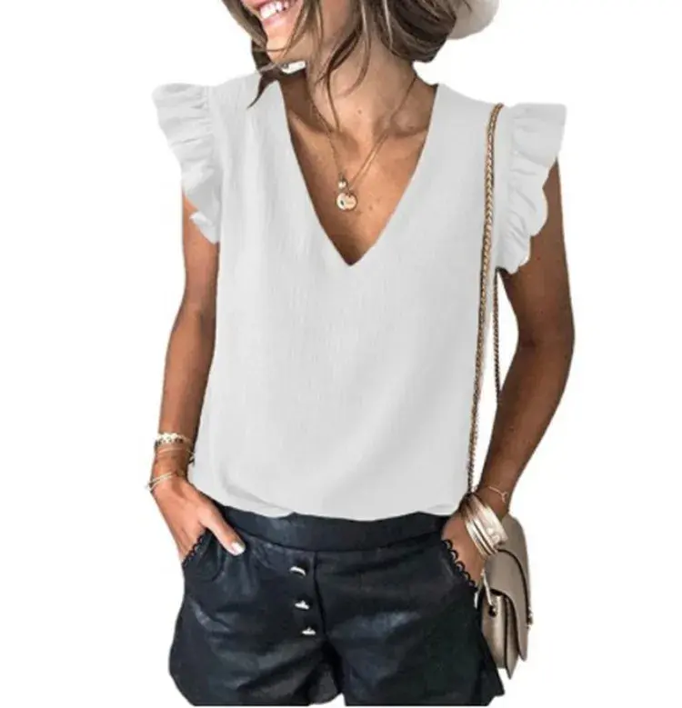 Summer New Women's Casual T-shirt Pure Color V-neck Overhead Lace-sleeve Top Female Fashionable Sleeveless Regular Length