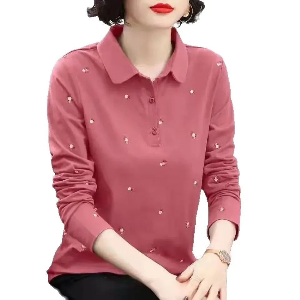 Loose Long Sleeve Polo Shirt Women's T-shirt plus Size Mommy Style Spring New Slimming Base Layer Top Quality Mixed Fabric