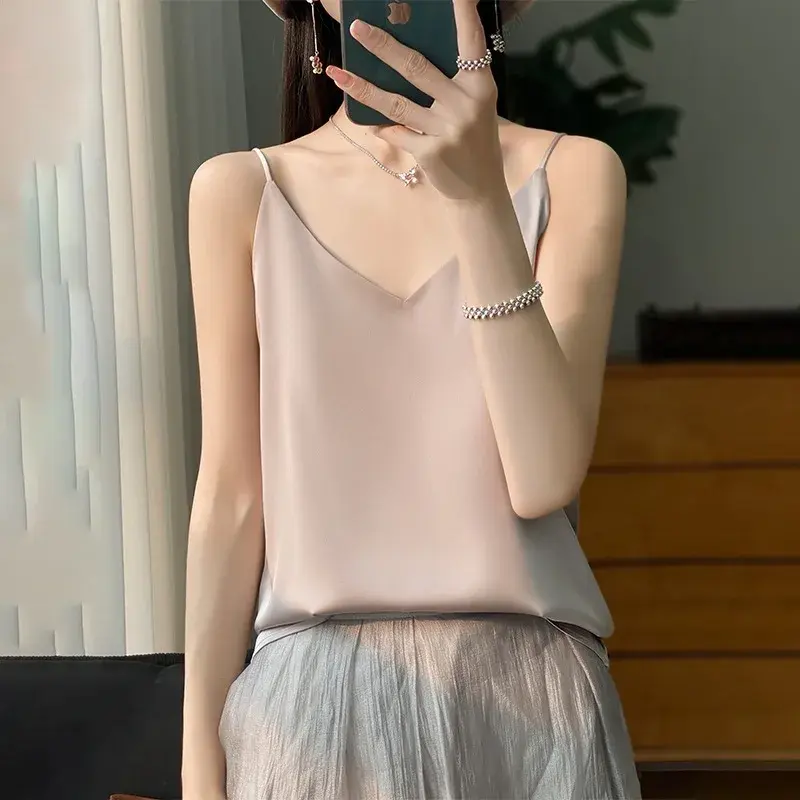 Silk Satin Strapless Vest Top Women's Summer New V-neck Single Shoulder Design Sensation Sleeveless Inner Wear Small Tank Top