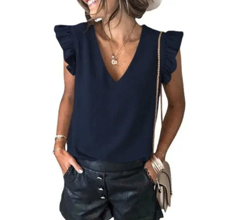 Summer New Women's Casual T-shirt Pure Color V-neck Overhead Lace-sleeve Top Female Fashionable Sleeveless Regular Length