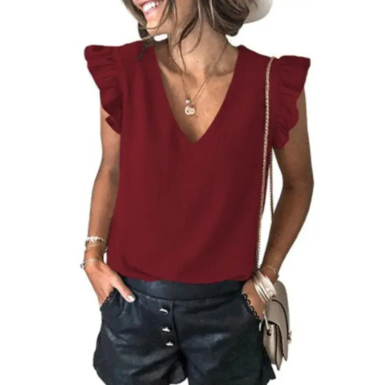 Summer New Women's Casual T-shirt Pure Color V-neck Overhead Lace-sleeve Top Female Fashionable Sleeveless Regular Length