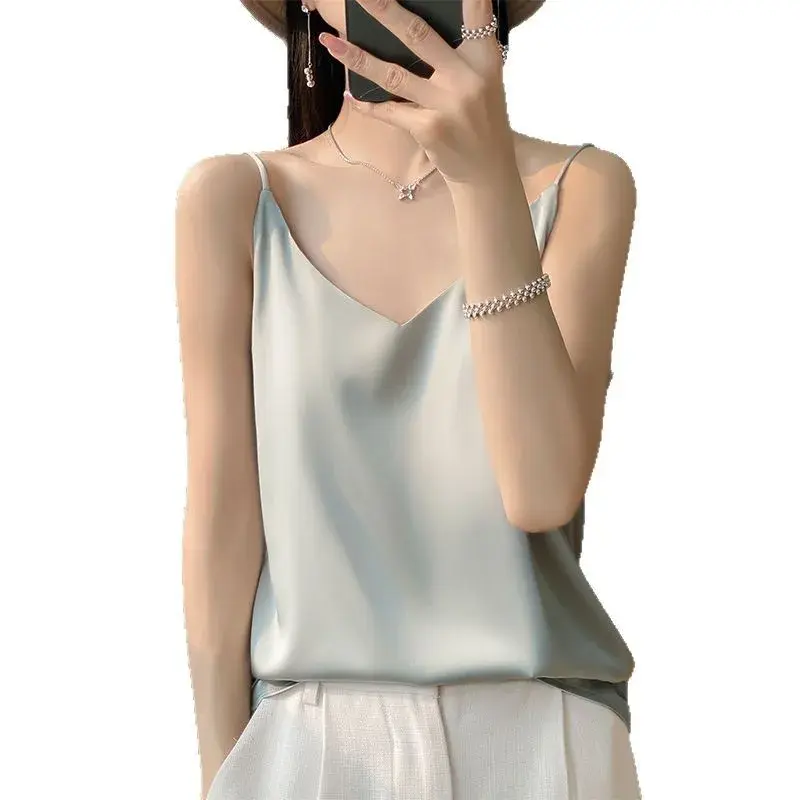 Silk Satin Strapless Vest Top Women's Summer New V-neck Single Shoulder Design Sensation Sleeveless Inner Wear Small Tank Top