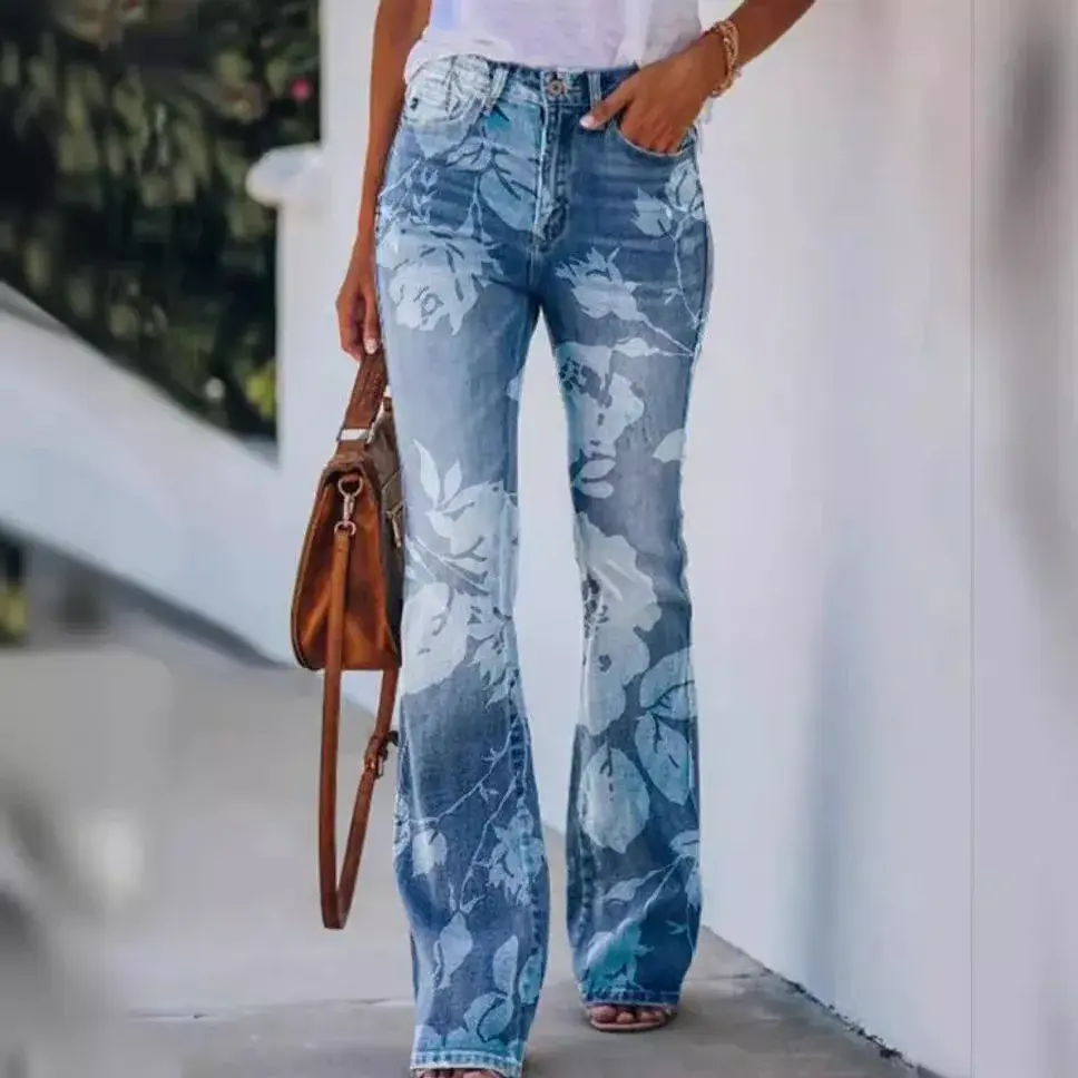 Casual Plus Size Women's Bell Bottom Pants 2024 Art Floral Pattern Design Independent Station Fast Selling On Ebay