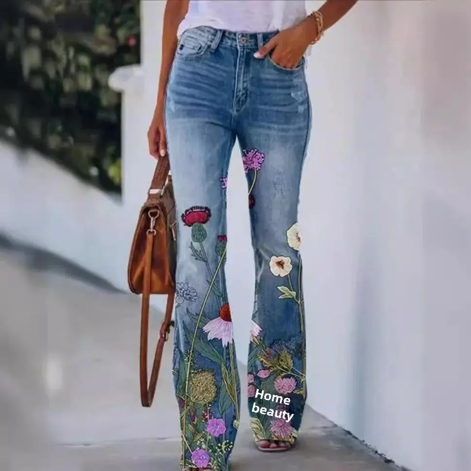 Casual Plus Size Women's Bell Bottom Pants 2024 Art Floral Pattern Design Independent Station Fast Selling On Ebay