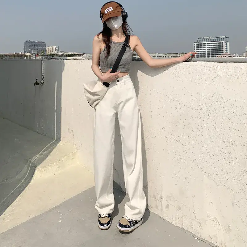 High Waist Wide Leg Jeans Women's Loose Fitting Slimming Drape Design White Denim Pants Floor-Length Trousers