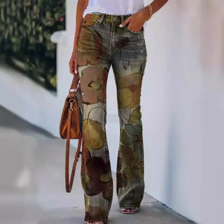 Casual Plus Size Women's Bell Bottom Pants 2024 Art Floral Pattern Design Independent Station Fast Selling On Ebay