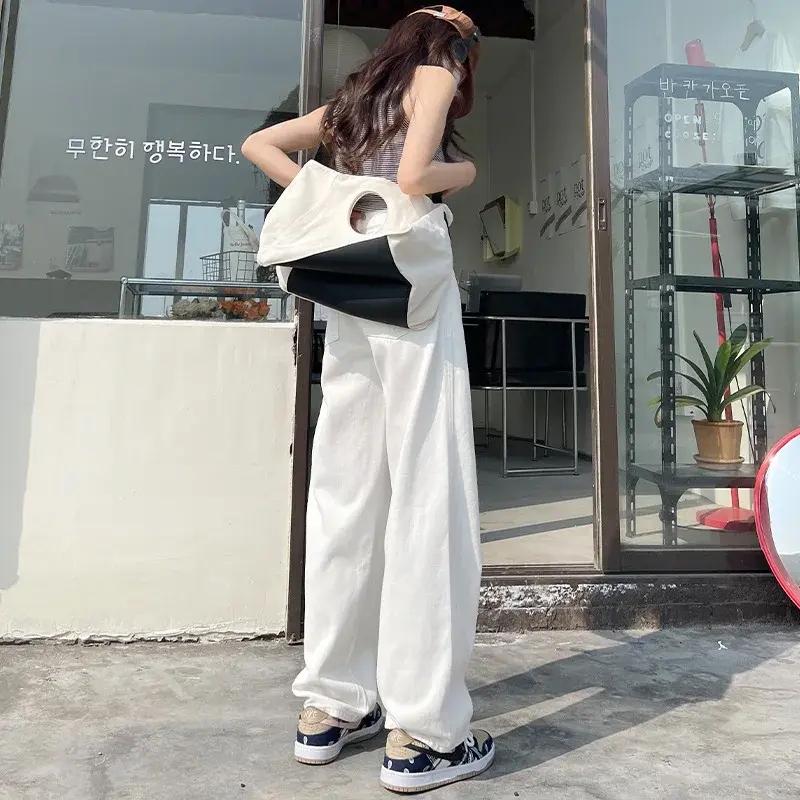 High Waist Wide Leg Jeans Women's Loose Fitting Slimming Drape Design White Denim Pants Floor-Length Trousers