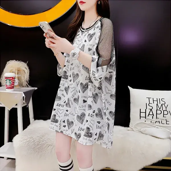 Slimming Long Printed T-Shirt Women's Summer Hot Sale Of The Season Heart Pattern Diamond Decoration Casual Loose Fit Anti-Aging