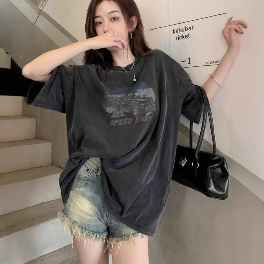 Plus Size American Style Short Sleeve T-Shirt Women's Mid-Length Loose Fit Washed out Vintage Top Trendy Casual Wear