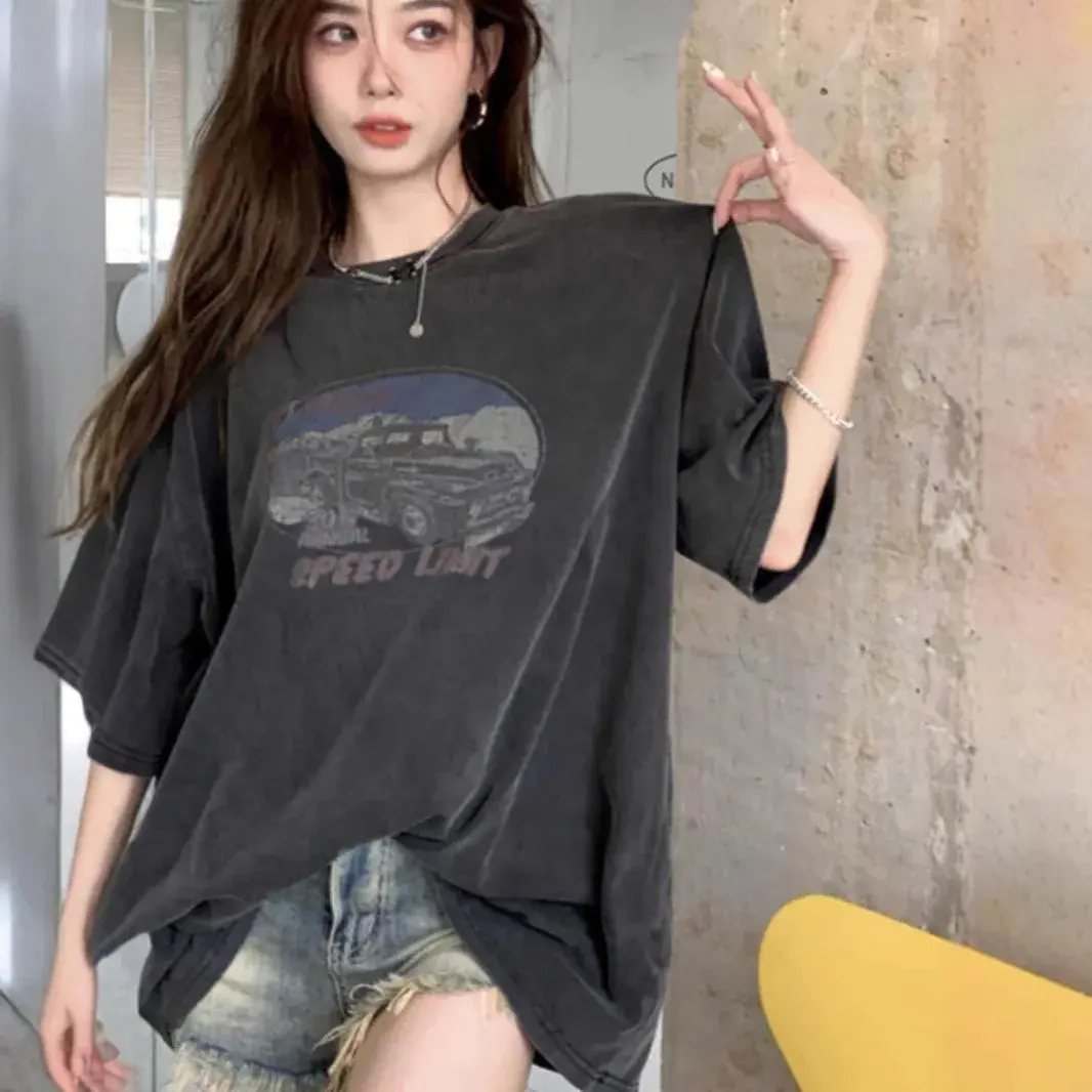 Plus Size American Style Short Sleeve T-Shirt Women's Mid-Length Loose Fit Washed out Vintage Top Trendy Casual Wear