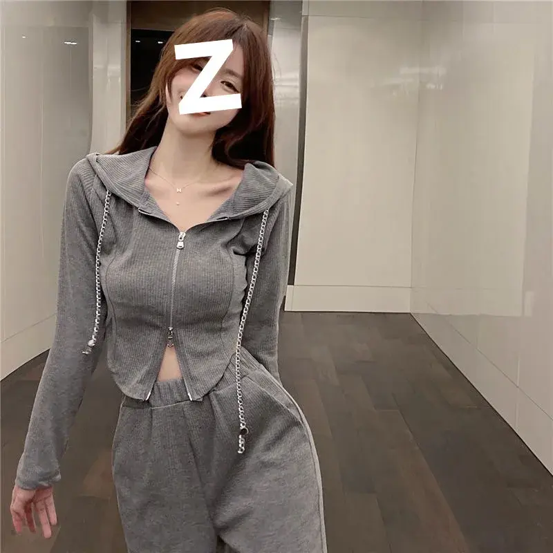 Women's Sporty Two-Piece Set Long Sleeve Open Cardigan High Waist Casual Wide Leg Pants Sweatshirt Style Spring Autumn New Arriv