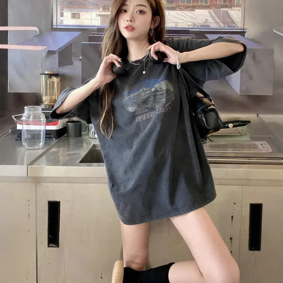 Plus Size American Style Short Sleeve T-Shirt Women's Mid-Length Loose Fit Washed out Vintage Top Trendy Casual Wear