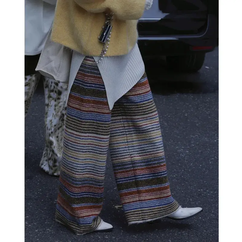 YueJuXing Hot Sale Of The Season New Retro Color Block Striped Knitted Casual Long Pants Slimming Design Straight Leg Woolen Wea