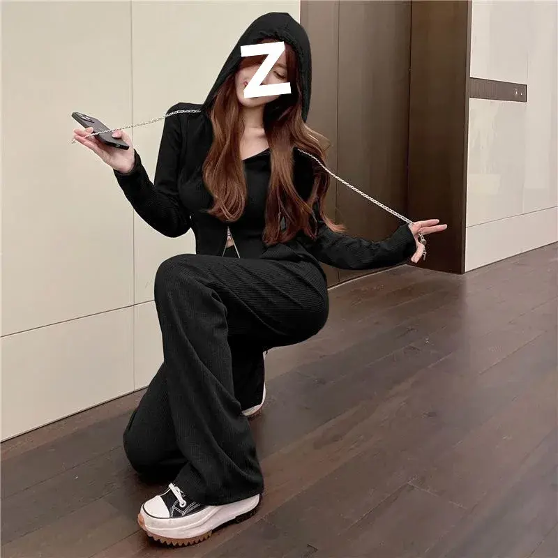 Women's Sporty Two-Piece Set Long Sleeve Open Cardigan High Waist Casual Wide Leg Pants Sweatshirt Style Spring Autumn New Arriv