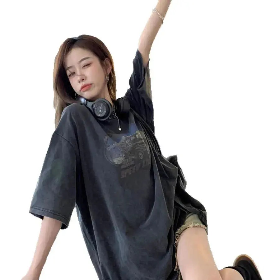 Plus Size American Style Short Sleeve T-Shirt Women's Mid-Length Loose Fit Washed out Vintage Top Trendy Casual Wear