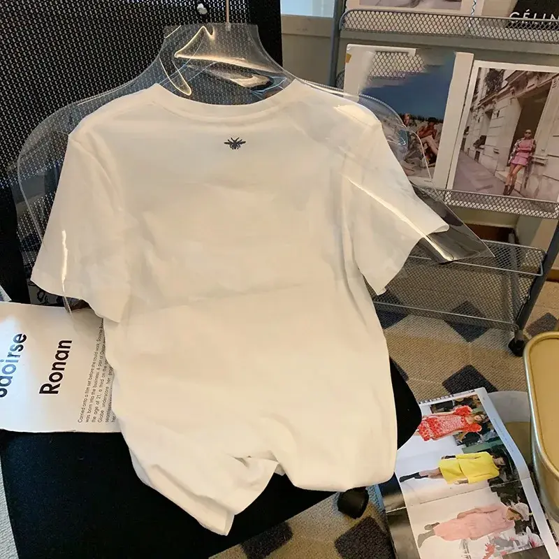 2024 Summer New Style Loose-Fit Cotton T-Shirt Women's Short Sleeves Crew Neck Casual Top Creative Printing White Short Sleevest