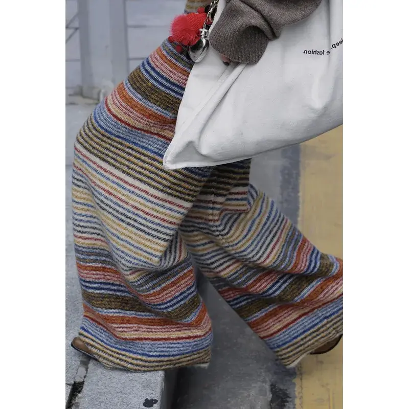 YueJuXing Hot Sale Of The Season New Retro Color Block Striped Knitted Casual Long Pants Slimming Design Straight Leg Woolen Wea
