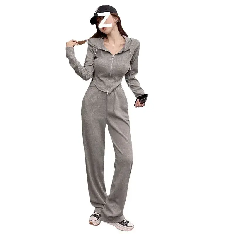 Women's Sporty Two-Piece Set Long Sleeve Open Cardigan High Waist Casual Wide Leg Pants Sweatshirt Style Spring Autumn New Arriv
