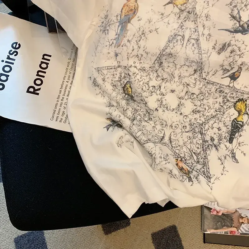 2024 Summer New Style Loose-Fit Cotton T-Shirt Women's Short Sleeves Crew Neck Casual Top Creative Printing White Short Sleevest