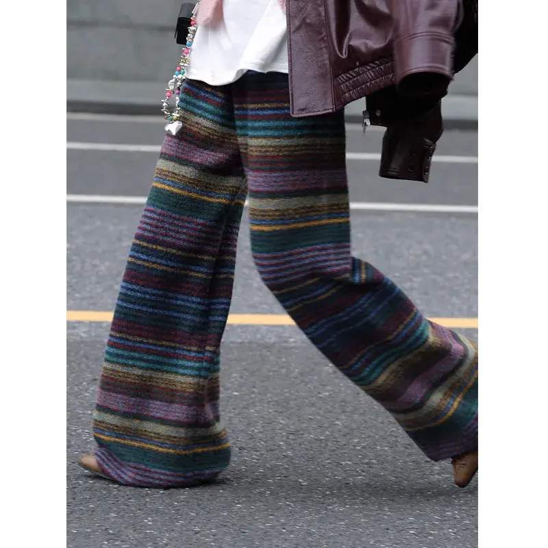 YueJuXing Hot Sale Of The Season New Retro Color Block Striped Knitted Casual Long Pants Slimming Design Straight Leg Woolen Wea