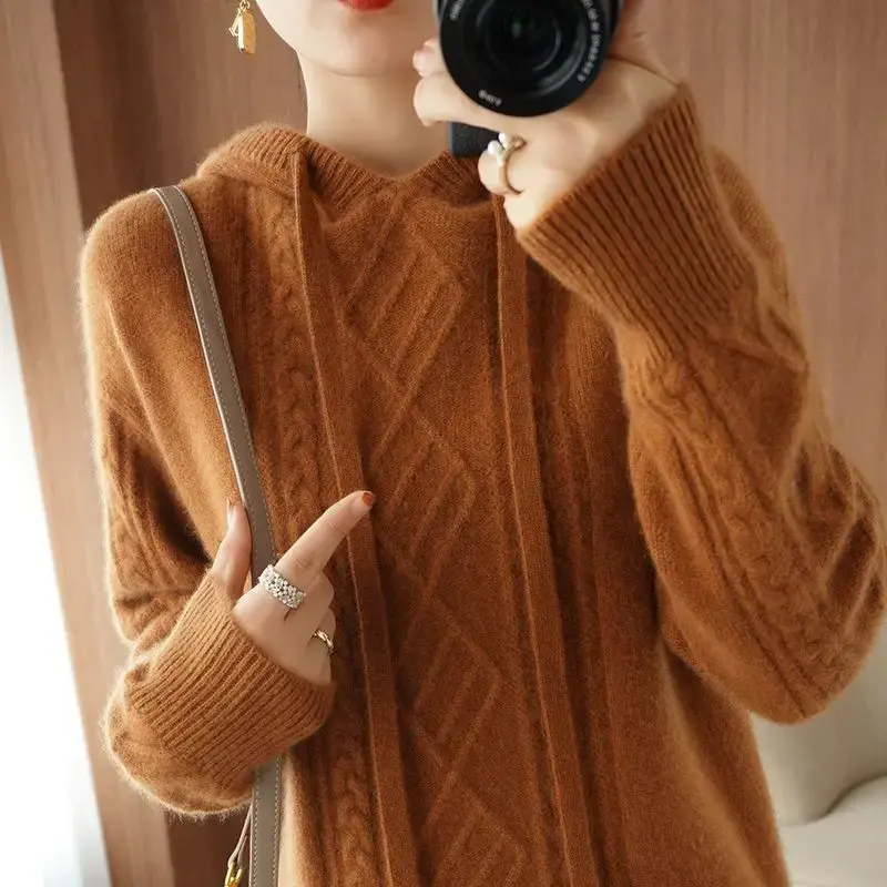Thickened Double-sided Knitted Hoodie Women's Lazy Style Straight Leg Pants Sweatshirt Winter New Arrival Hat Drawstring