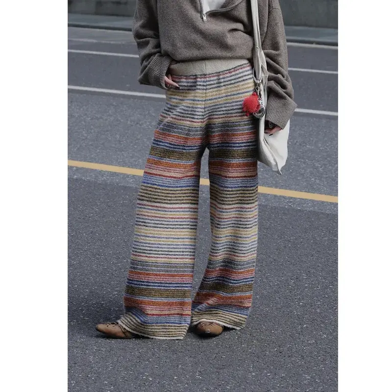 YueJuXing Hot Sale Of The Season New Retro Color Block Striped Knitted Casual Long Pants Slimming Design Straight Leg Woolen Wea