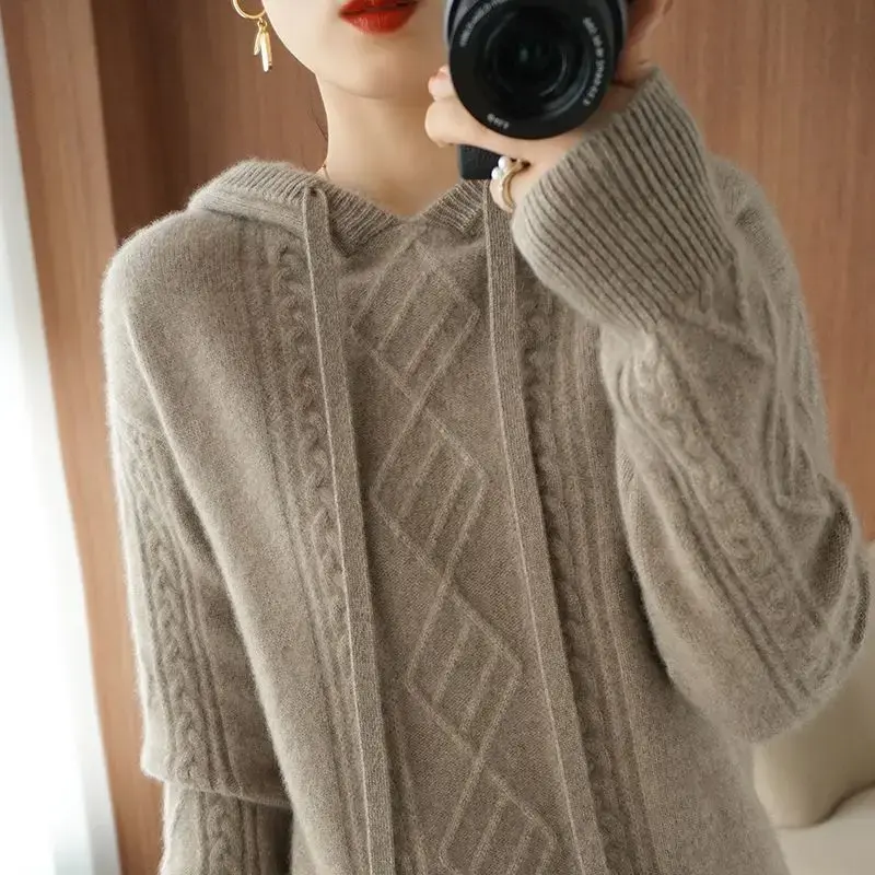 Thickened Double-sided Knitted Hoodie Women's Lazy Style Straight Leg Pants Sweatshirt Winter New Arrival Hat Drawstring