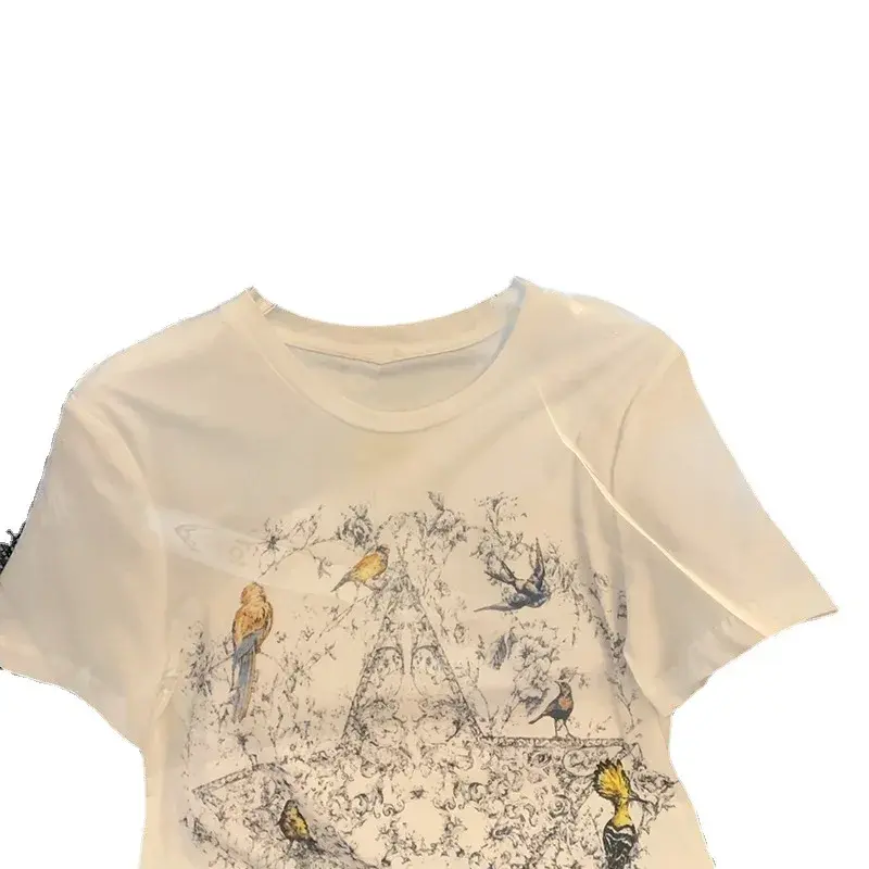 2024 Summer New Style Loose-Fit Cotton T-Shirt Women's Short Sleeves Crew Neck Casual Top Creative Printing White Short Sleevest