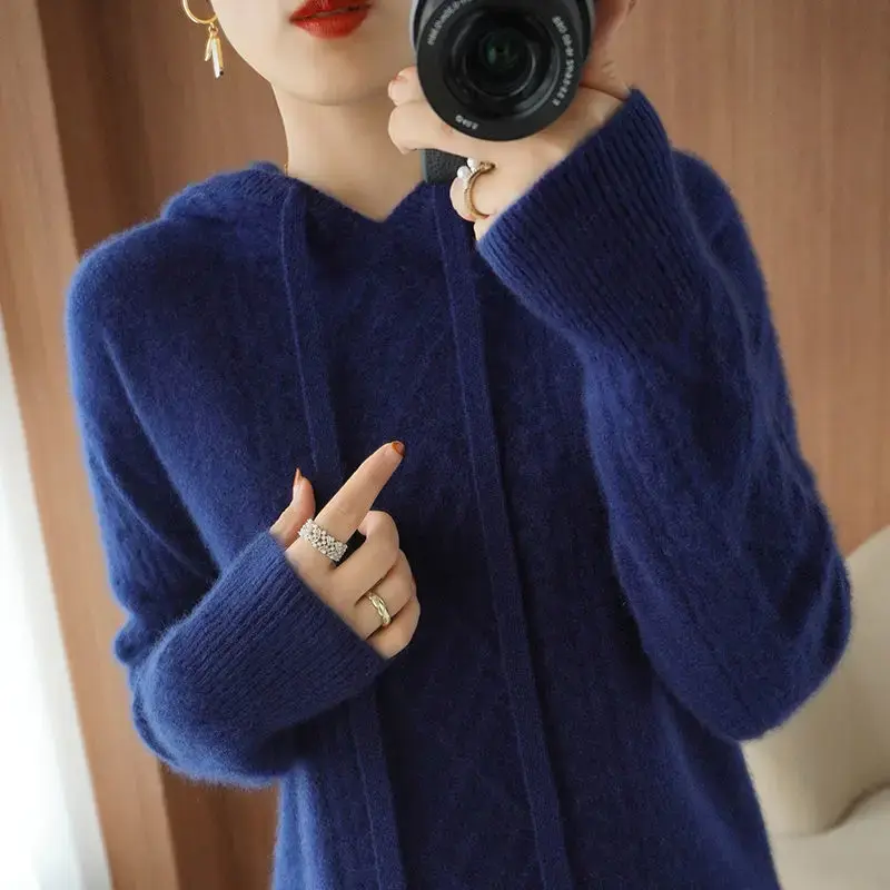 Thickened Double-sided Knitted Hoodie Women's Lazy Style Straight Leg Pants Sweatshirt Winter New Arrival Hat Drawstring