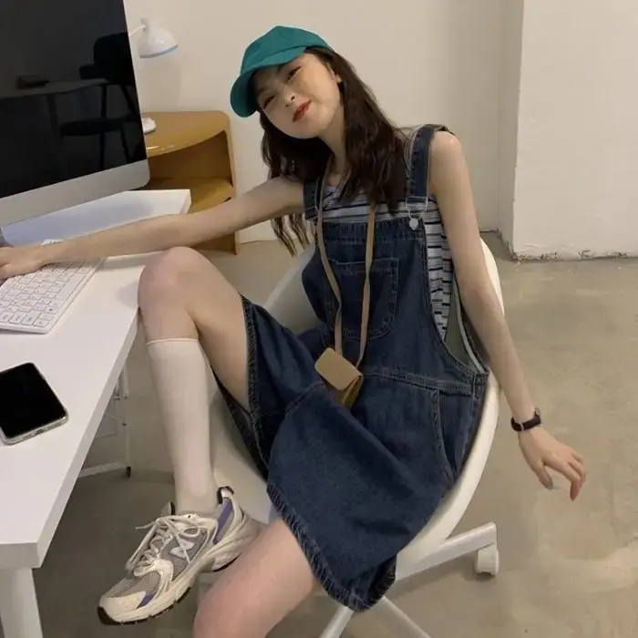 Korean Style Denimbib Women's Pants High-Waisted Slimming Loose-Fit Summer 2024 New Arrival Bell Bottoms Petite Size
