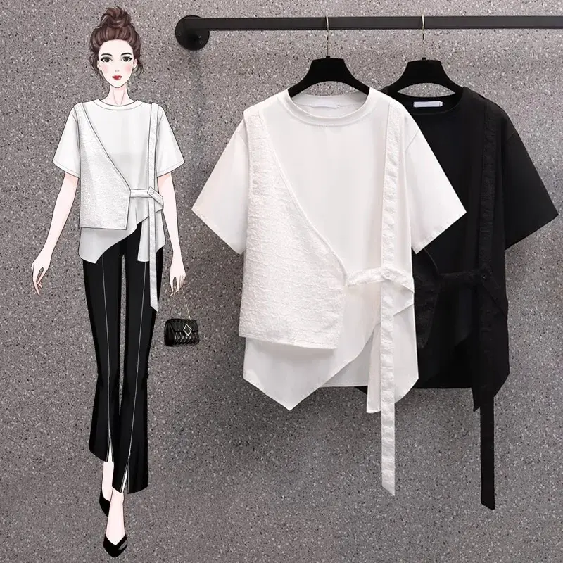 2025 Summer Large Size Casual Simple Two-Piece Illusion Short Sleeves T-Shirt Women's Irregular Splicing Top Polyester Fiber