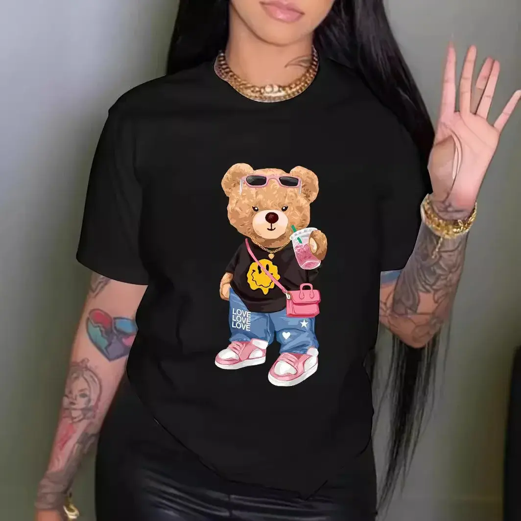 Fashionable Cool Bear Printed T-Shirt Short Sleeves Round Neck Casual Top Summer Women's Clothing Polyester Fabric Decoration