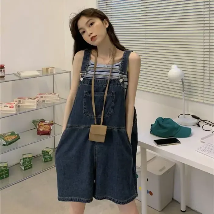 Korean Style Denimbib Women's Pants High-Waisted Slimming Loose-Fit Summer 2024 New Arrival Bell Bottoms Petite Size