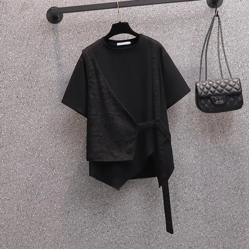 2025 Summer Large Size Casual Simple Two-Piece Illusion Short Sleeves T-Shirt Women's Irregular Splicing Top Polyester Fiber