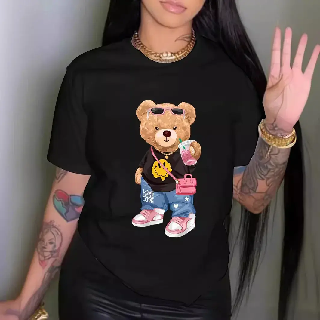 Fashionable Cool Bear Printed T-Shirt Short Sleeves Round Neck Casual Top Summer Women's Clothing Polyester Fabric Decoration